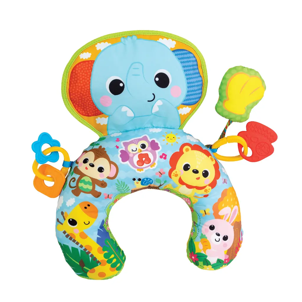 WINFUN Jungle Fun Tummy Time Kissen spielt fröhliche Melodien mit Rassel und babysicherem Beißring