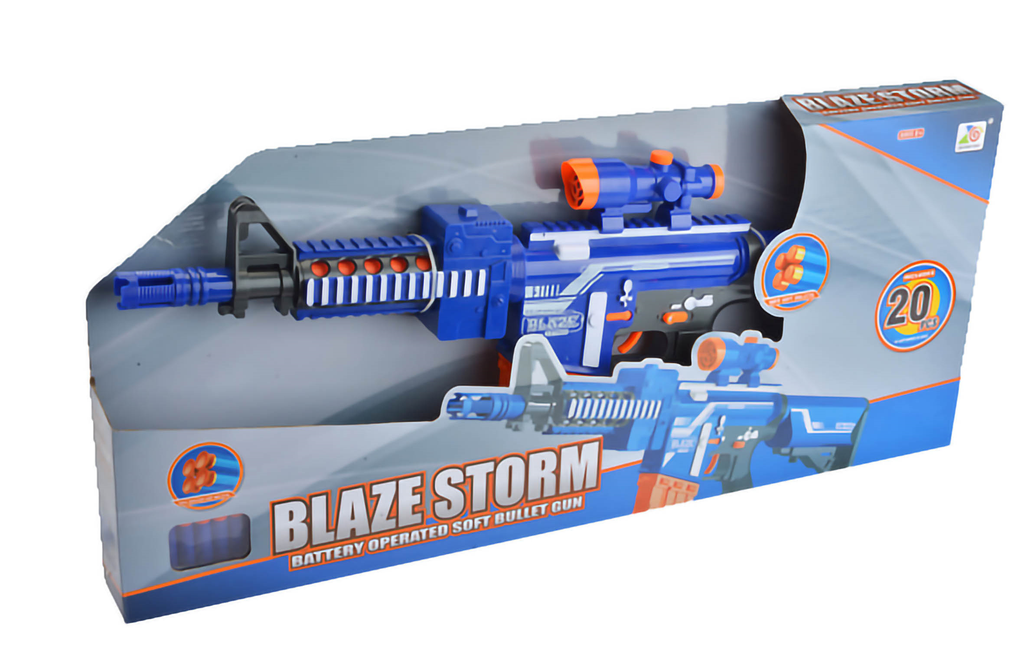 Toy gun with battery-operated motor and soft darts