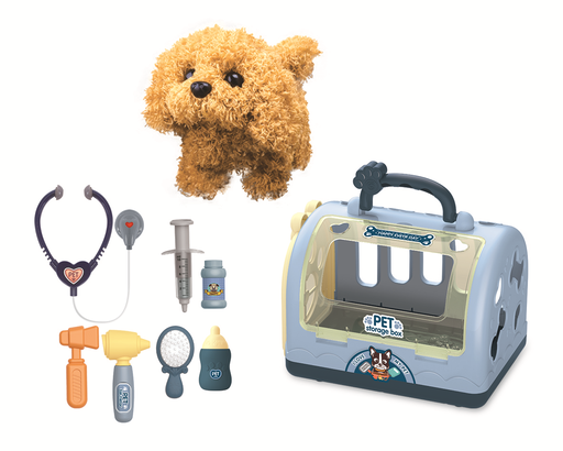 [2222A] Transport cage with plush dog and veterinary accessories
