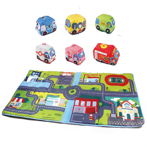 [HE0243] HUANGER "Cartoon" speelmat en stoffen auto’s